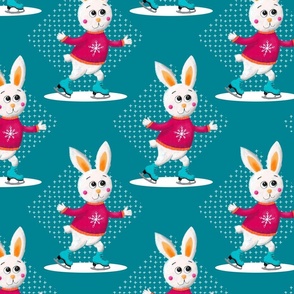 white bunnies on ice skates on teal | large