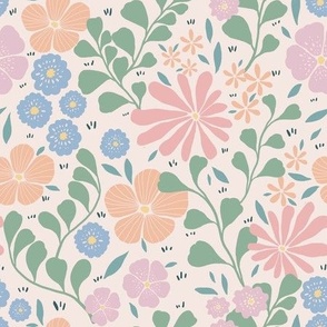 (M)-Vintage-Modern Retro- Wildflower Garden-Pastel-Baby pink- orange-blue-green 