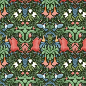 Victorian  era green wallpaper with classic flowers floral and red Flamingo and Hummingbird blue bird
