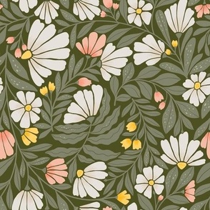 (M) Wild  Daisy and Chrysanthemum-Vintage Floral Flowers-White/pink/yellow- Deep green