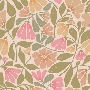 Retro Vintage Floral Wild Flowers -Pastel- pink-Orange-Cream 