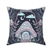   Whimsical surreal mushroom garden inside a bulb  black, blue, pink and gray - home decor - wallpaper - floral .