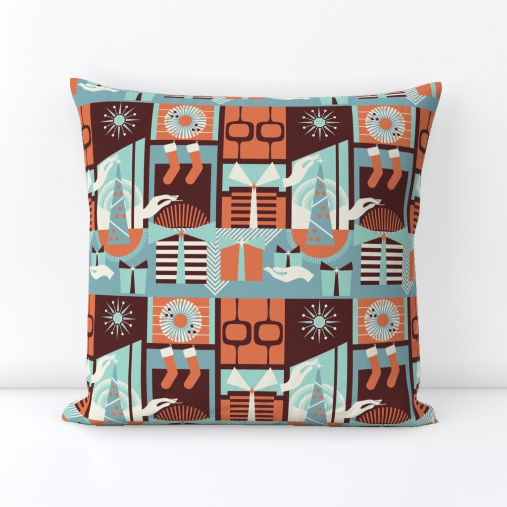 Surrealist Retro Christmas Helping Hands / Mid Mod / Atomic / Trees Presents / Orange Teal / Medium