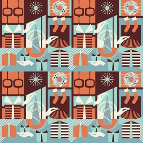 Surrealist Retro Christmas Helping Hands / Mid Mod / Atomic / Trees Presents / Orange Teal / Medium