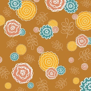 Flowers with pencil outline on  mustard background