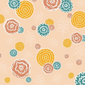 Flowers with pencil outline on beige background