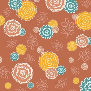 Flowers with pencil outline on terracotta background