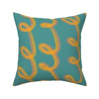 Yellow and terracotta spirals with blue background 