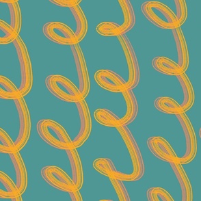 Yellow and terracotta spirals with blue background 