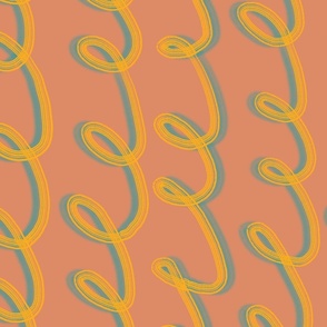 Yellow and blue  spirals with terracotta background 