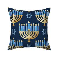 Golden hanukkah menorah with candles on deep blue | large