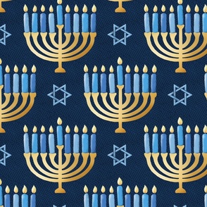 Golden hanukkah menorah with candles on deep blue | large