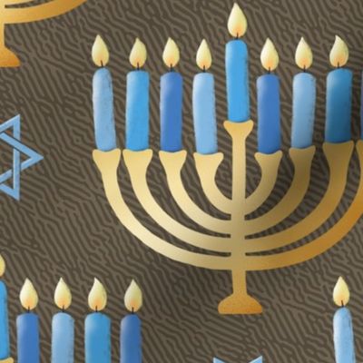 Golden hanukkah menorah with candles on textured brown | large