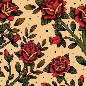 Red and yellow roses on beige background - big scale