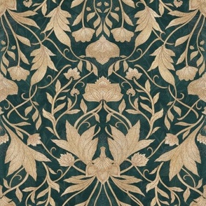 William Morris Tribute - Holiday Floral damask - gold pine green