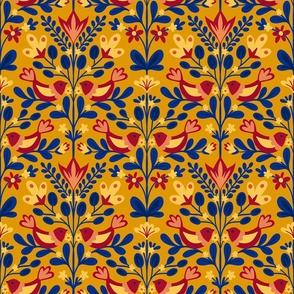 Red Folk Birds with Blue Leaves on Yellow Background