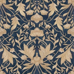 William Morris Tribute - Floral damask and leaves - Holiday gold navy blue