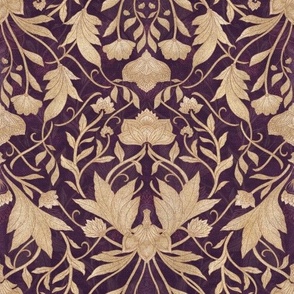 William Morris Tribute - Floral damask and leaves - gold crimson plum