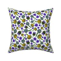 Small Purple and Green Hand drawn Food artichokes and Floral Aster fabric