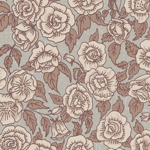 Wonderland Rose-Large Scale- roses in natural linen on mindful grey with redend point leaves