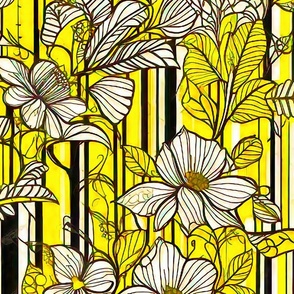 white flowers on yellow black white striped patterns
