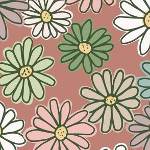 Field of white, pink, blue, beige, green & mauve Marguerite flowers on soft red - large