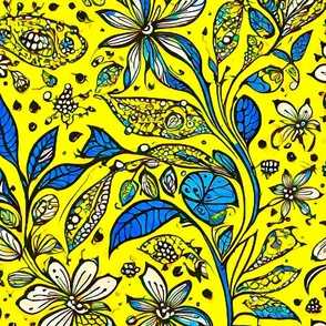 Cute blue and yellow flowers on yellow background