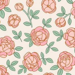 Tossed Pink Peony Flowers on Cream White for Home Decor and Floral Wallpaper