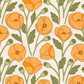 Yellow California Poppies on Cream White for Home Decor and Floral Wallpaper