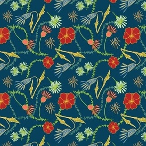 A tapestry of wildflowers on deep blue; 3.6 inch repeat