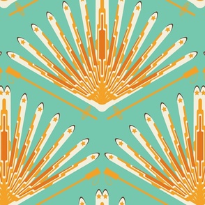 Retro ski art deco style orange on turquoise blue - Large