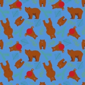 Playful bears on a blue background with pine tree accents.