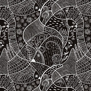 Faux block print doodles with birds and mouse, handdrawn on black 6” repeat