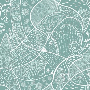 Faux block print doodles with birds and mouse, handdrawn on dusky sage teal 12” repeat