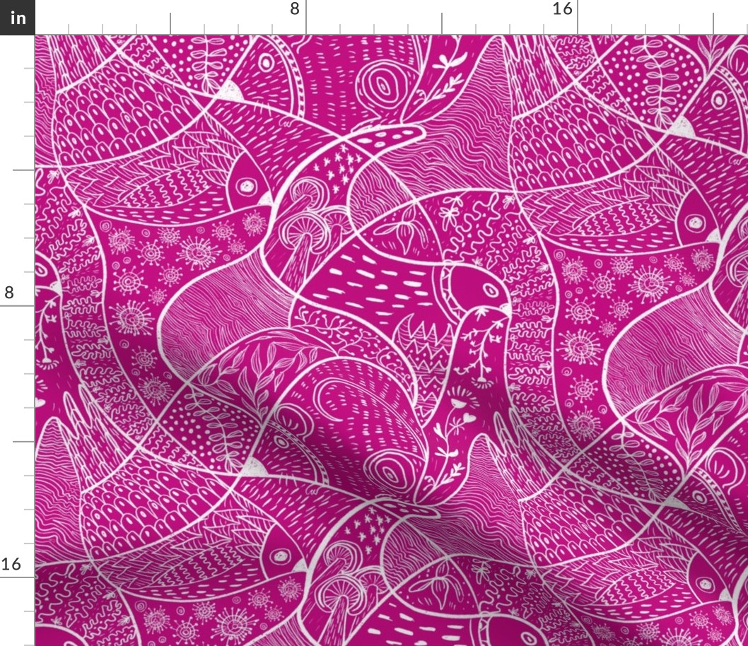 Faux block print doodles with birds and mouse, handdrawn on cerise pink12”  repeat