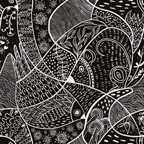 Medium Faux block print doodles with birds and mouse, handdrawn on black 12” repeat