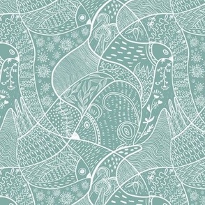 Faux block print doodles with birds and mouse, handdrawn on dusky sage teal 6” repeat