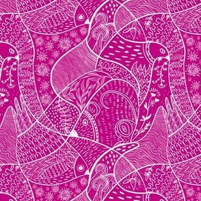 Faux block print doodles with birds and mouse, handdrawn on cerise pink6” repeat