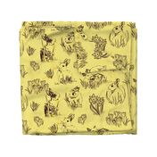 Cute Bunnies and Flowers Easter Toile de Jouy with Daffodils, Crocus, and Muscari - Yellow and Sepia