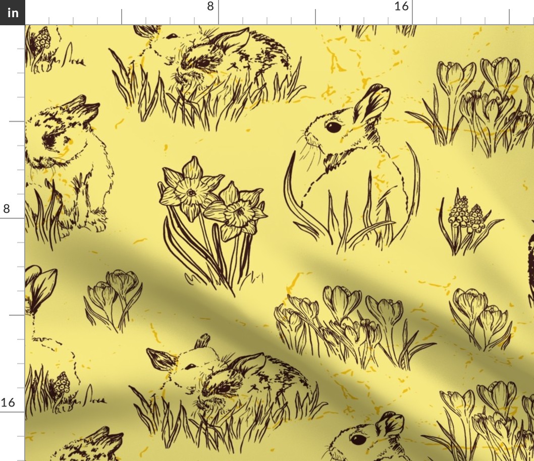 Cute Bunnies and Flowers Easter Toile de Jouy with Daffodils, Crocus, and Muscari - Yellow and Sepia