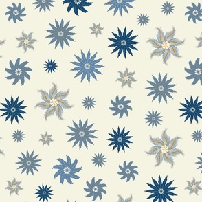 Feather Snowflakes Holiday Christmas Pattern In Blue and off-white