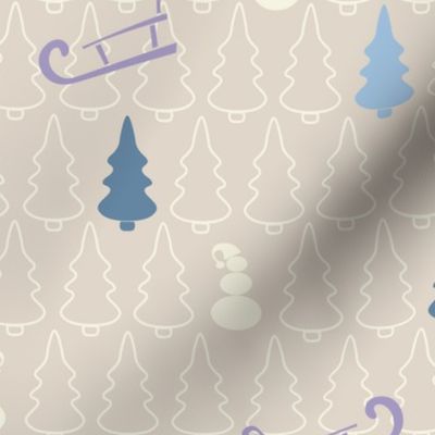Pine Trees Snowman and Sled Holiday Christmas Pattern 
