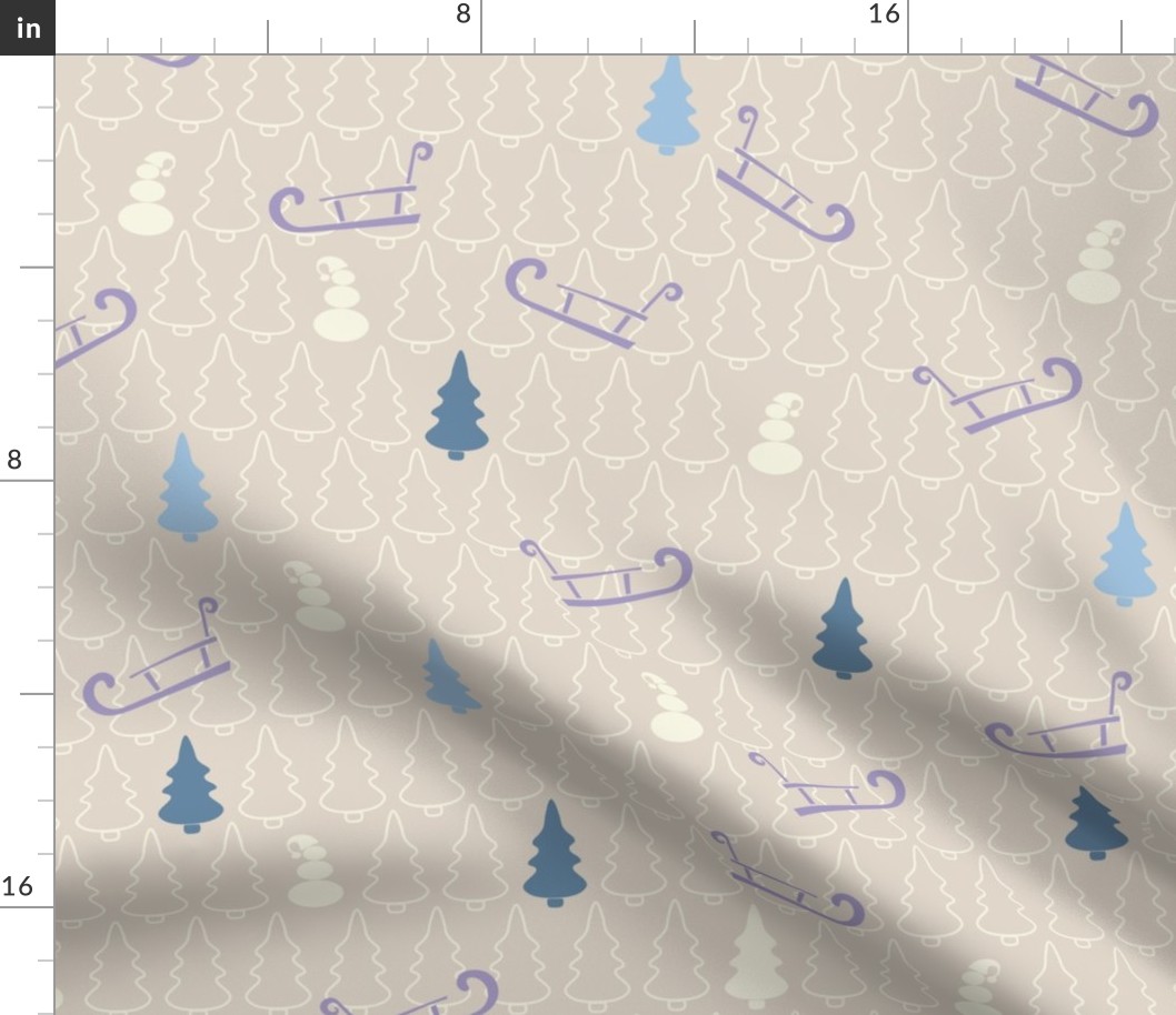 Pine Trees Snowman and Sled Holiday Christmas Pattern 