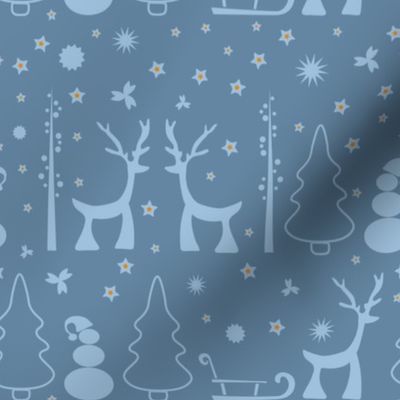 Snowman Deer Tree Stars Sled in blue