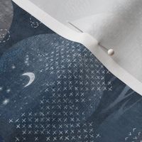 Sashiko Circles with Moons and Stars in Indigo Blue | Japanese stitch patterns on a dark blue linen patchwork, shibori with sashiko stitching, block prints in navy blue and gray.