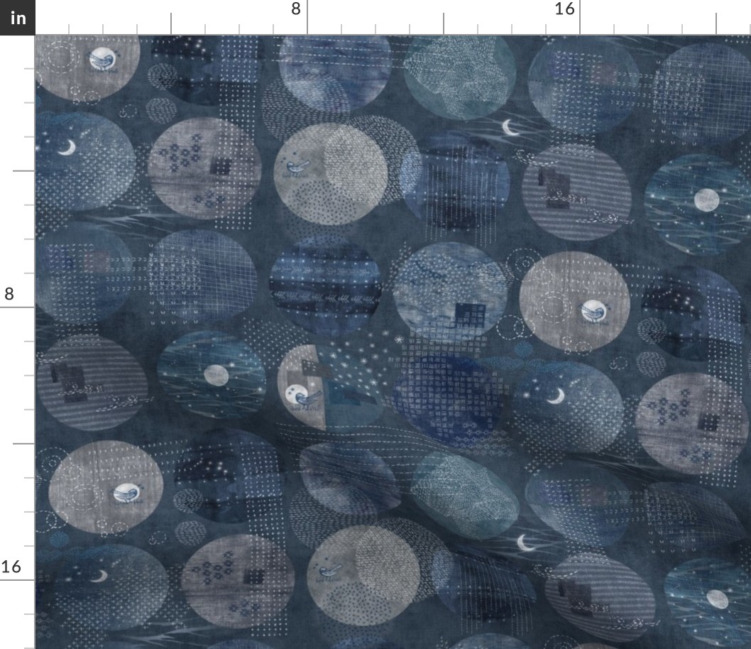 Sashiko Circles with Moons and Stars in Indigo Blue | Japanese stitch patterns on a dark blue linen patchwork, shibori with sashiko stitching, block prints in navy blue and gray.