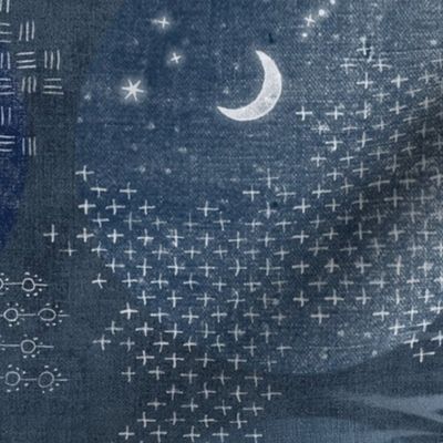 Sashiko Circles with Moons and Stars in Indigo Blue (xxl scale) | Japanese stitch patterns on a dark blue linen patchwork, shibori with sashiko stitching, block prints in navy blue and gray.