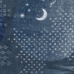 Sashiko Circles with Moons and Stars in Indigo Blue (xxl scale) | Japanese stitch patterns on a dark blue linen patchwork, shibori with sashiko stitching, block prints in navy blue and gray.