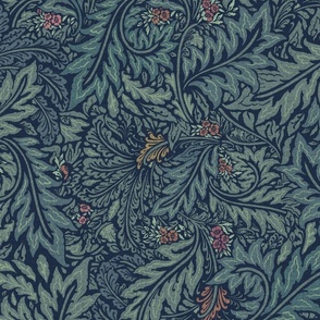  William Morris Tribute  -  Holiday Larkspur leaves foliage - Navy Teal 24"