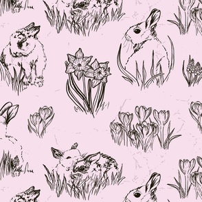 Cute Bunnies and Flowers Easter Toile de Jouy with Daffodils, Crocus, and Muscari - Lilac Pink and Sepia